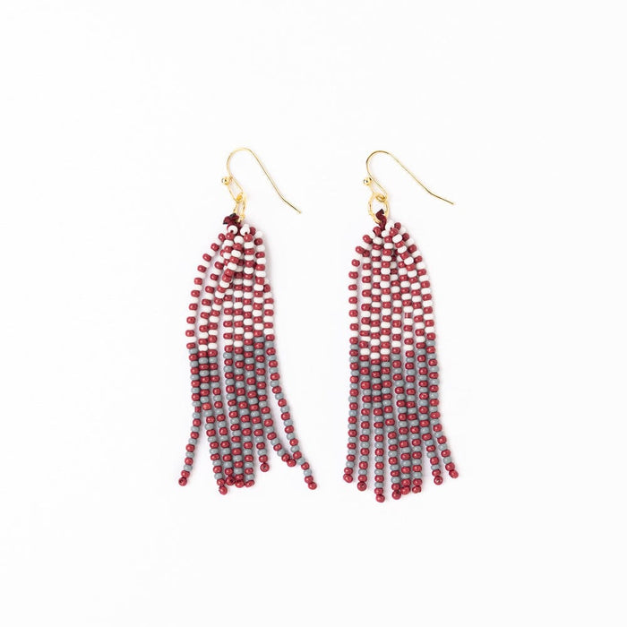 Game Day Tassel Seed Bead Earrings Maroon + White Fringe