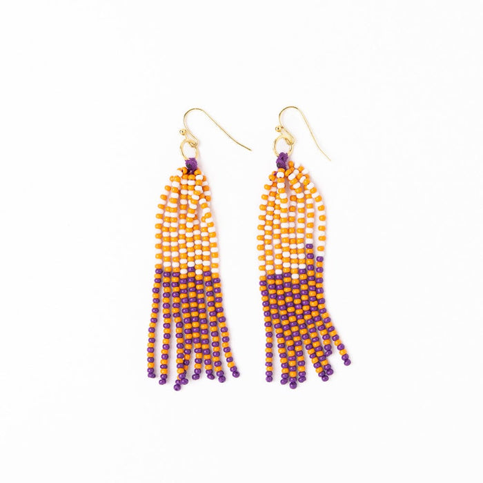 Game Day Tassel Seed Bead Earrings Purple + Orange Fringe