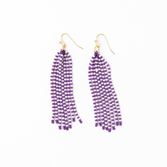 Game Day Tassel Seed Bead Earrings Purple + White Fringe