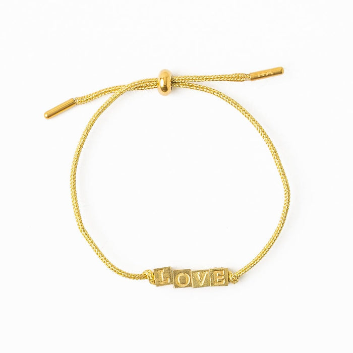 Goldie Gold Lurex Cord With Brass Letters Adjustable Love Bracelet