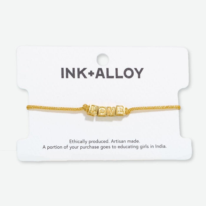 Goldie Gold Lurex Cord With Brass Letters Adjustable Love Bracelet