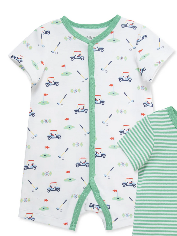 Golf Print Snap Romper w Green Trim
