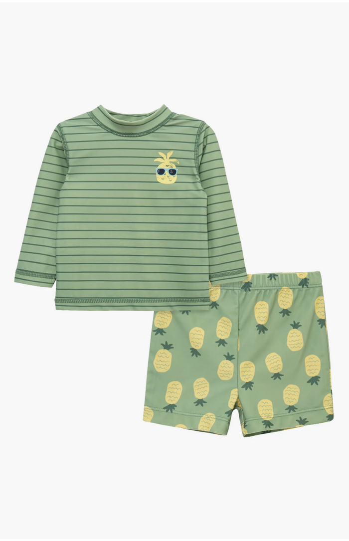Green Stripe Pineapple Rashguard & Trunks Swim Set