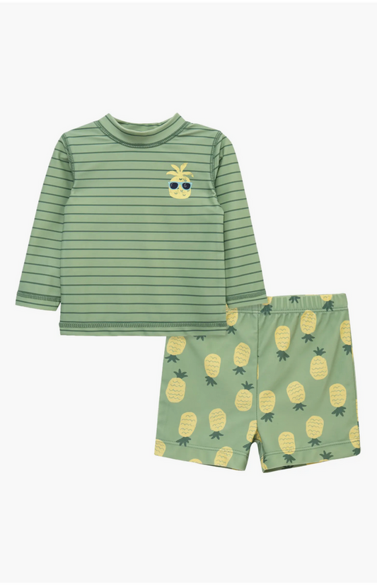 Green Stripe Pineapple Rashguard & Trunks Swim Set