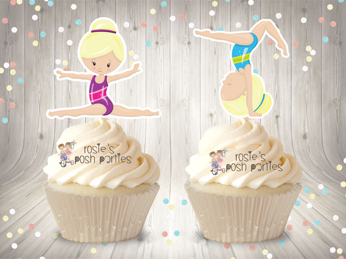 Gymnast Birthday Theme Cupcake Topper Blonde Gymnast Favors SET OF 12