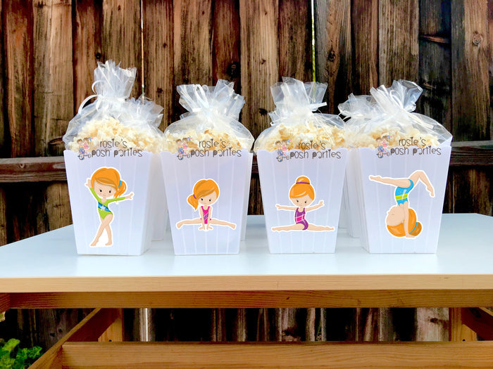 Gymnast Birthday Theme Popcorn Favor Bins