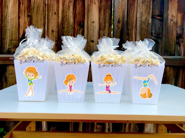 Gymnast Birthday Theme Popcorn Favor Bins