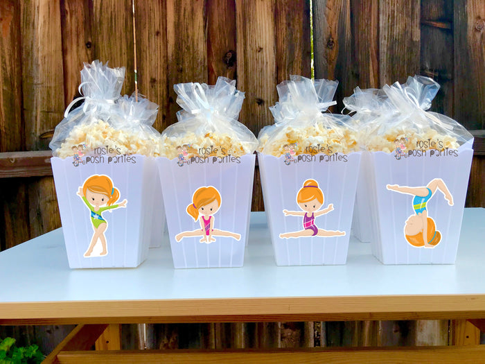 Gymnast Birthday Theme Popcorn Favor Bins