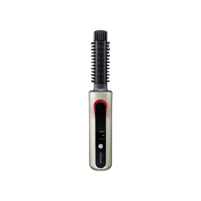 Hair styling tool with bristle brush head on a white background