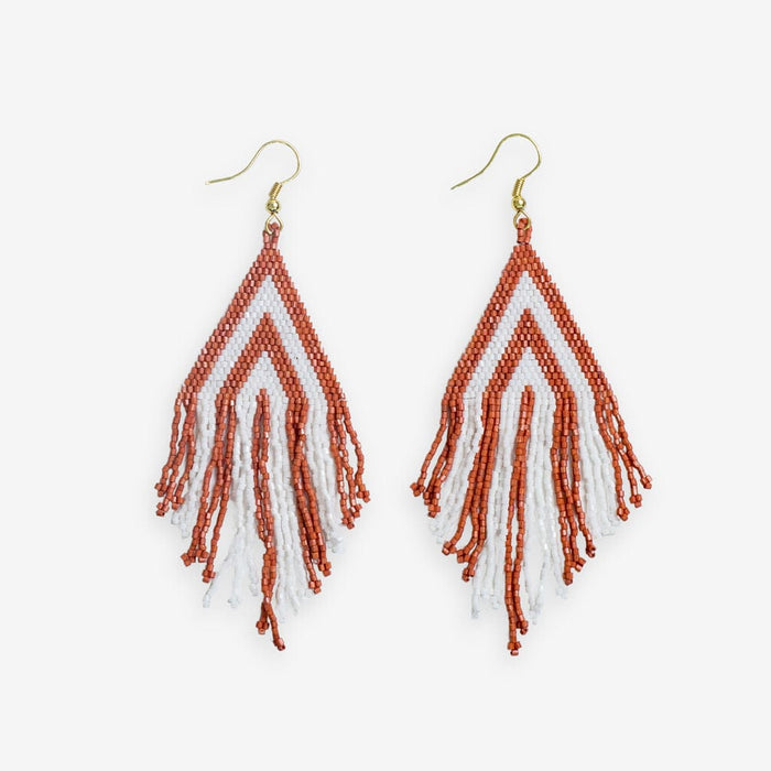 Haley Game Day Stacked Triangle Beaded Fringe Earrings Burnt Orange and White
