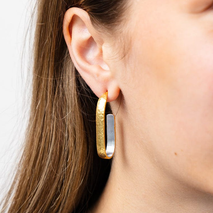 Hallie Hammered Hoop Earrings Brass With Silver Lining Hoop