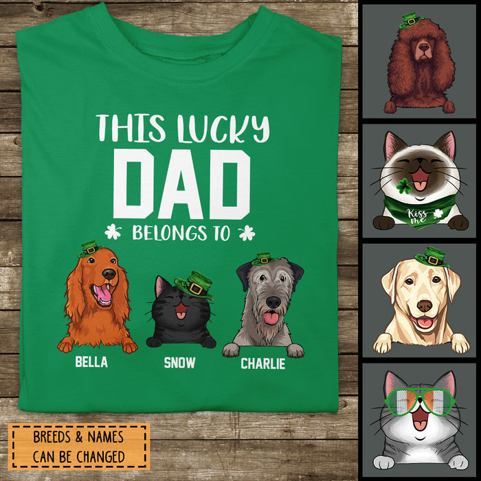 Happy St. Patrick's Day, This Lucky Dad Belongs To, Personalized Dog & Cat Breeds T-shirt, Gifts For Pet Lovers