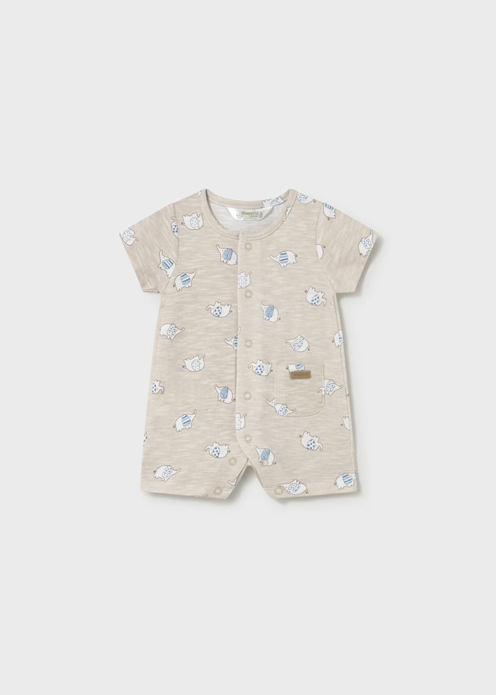 Heathered Oatmeal Elephant Print Snap Romper