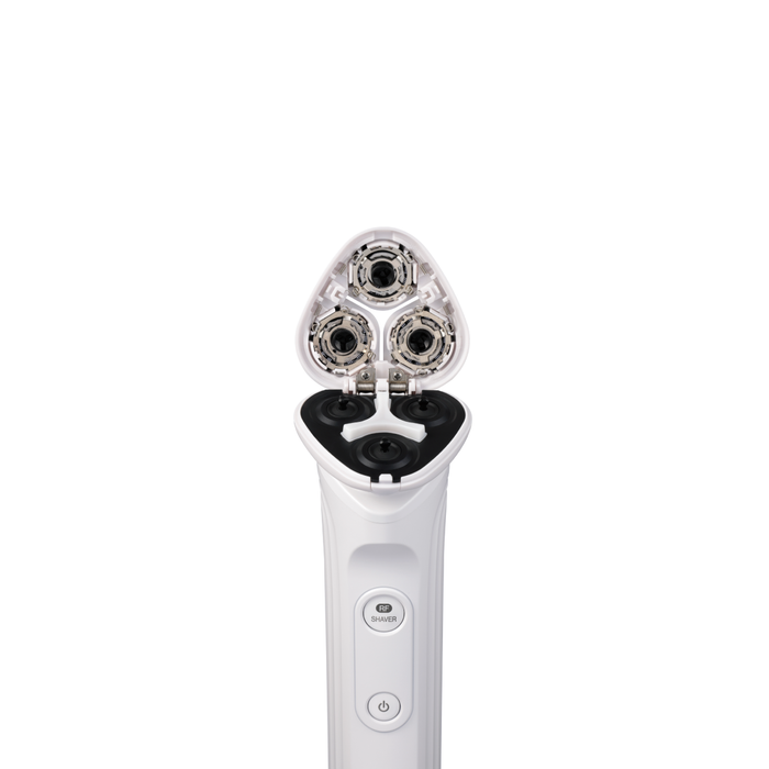 White electric shaver with black accents on a white background