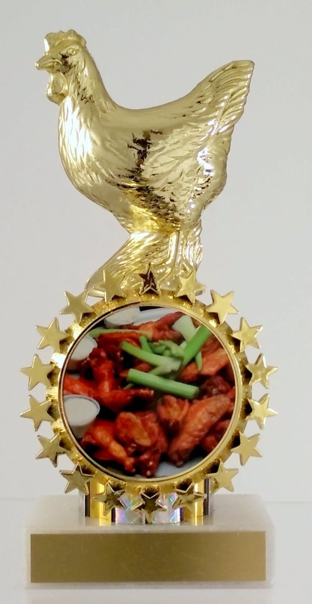 Hot Wings Logo trophy on star logo holder, with a chicken trophy figure atop a gold and white column on a white marble base with a gold engraving plate.