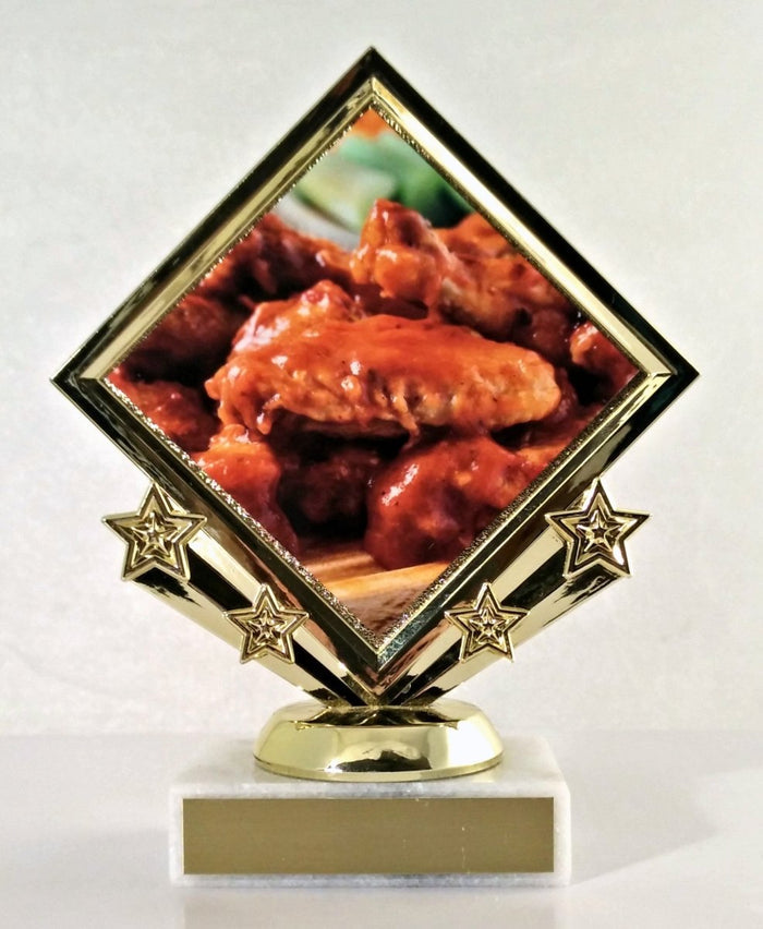 Hot Wing Diamond Shaped Logo on a diamond star holder figure on white marble base with gold engraving plaque