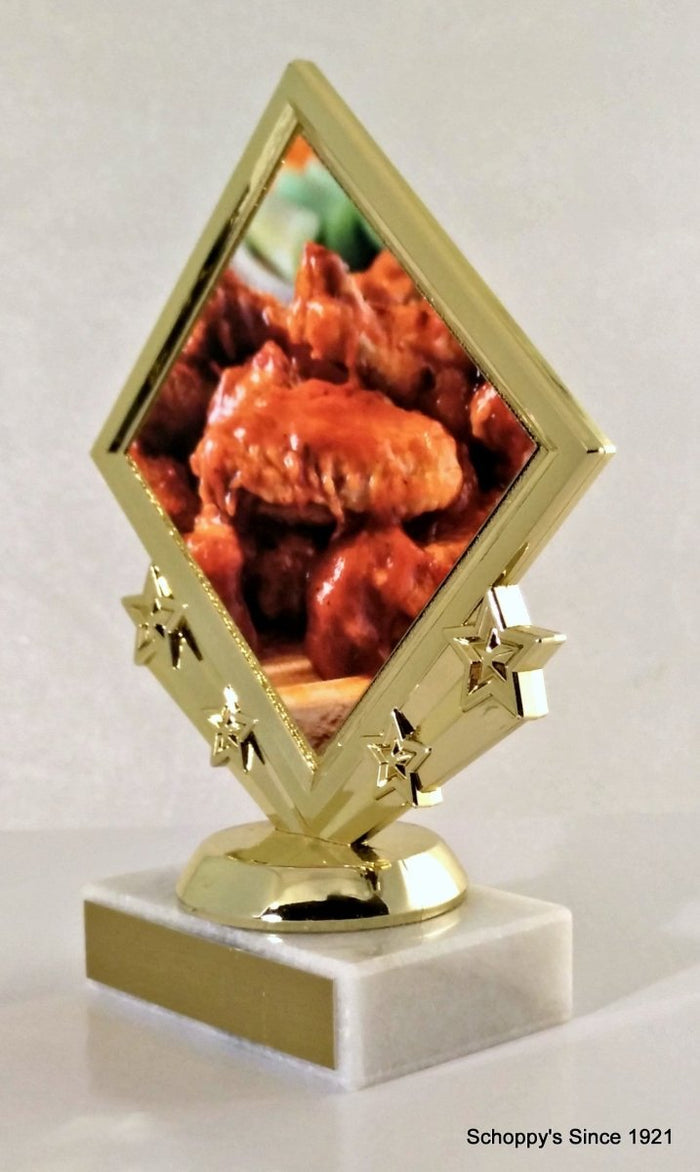 Hot Wing Diamond Shaped Logo on a diamond star holder figure on white marble base with gold engraving plaque