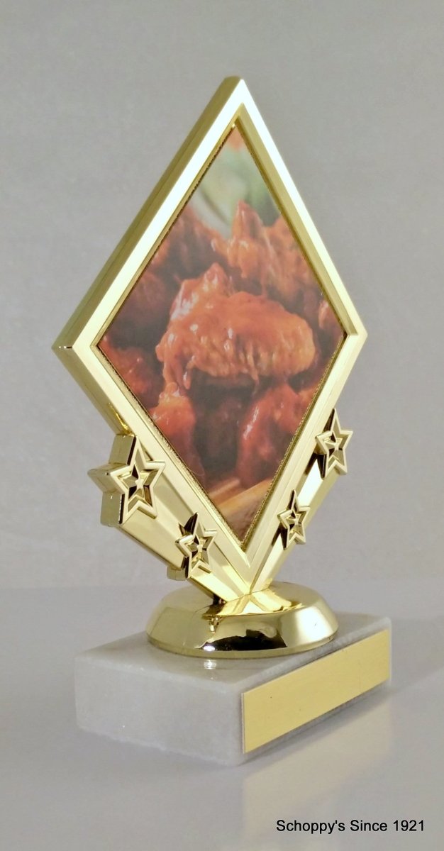 Hot Wing Diamond Shaped Logo on a diamond star holder figure on white marble base with gold engraving plaque