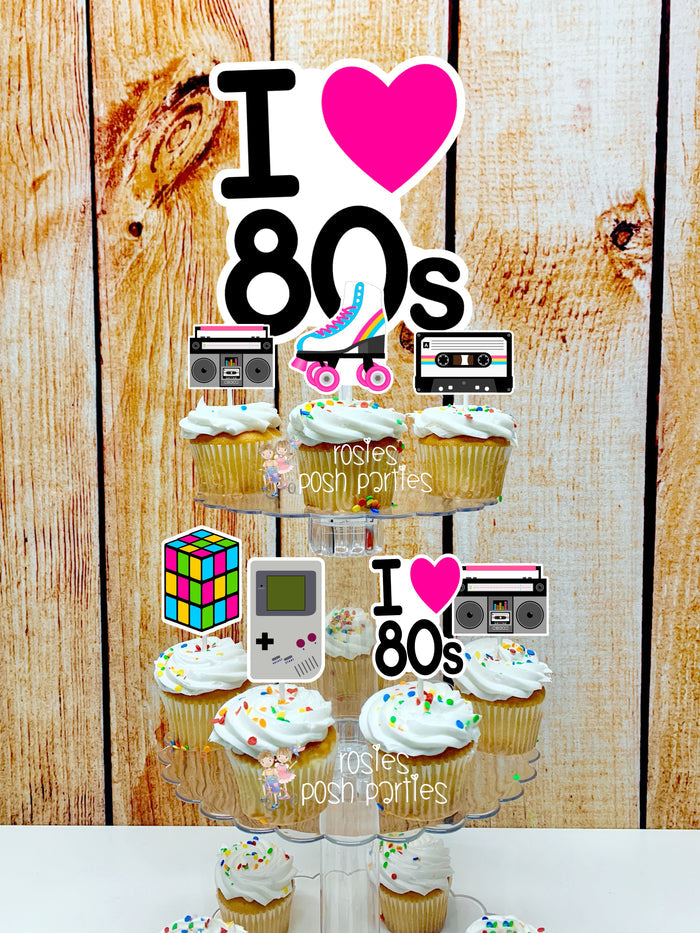 i love 80s birthday theme cupcake toppers