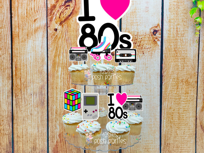 i love 80s birthday theme cupcake toppers