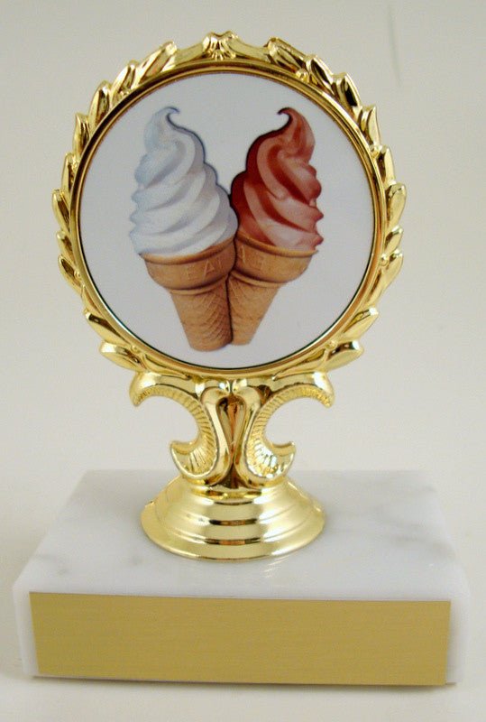Ice Cream Logo trophy on gold wreath figure trophy on white marble base with gold engraving plate