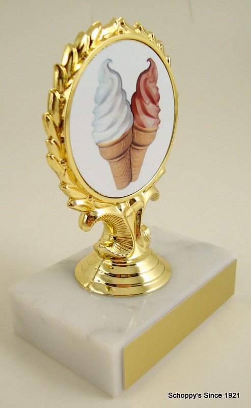 Ice Cream Logo trophy on gold wreath figure trophy on white marble base with gold engraving plate