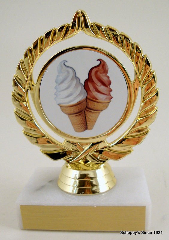 Ice Cream Logo trophy on gold wreath figure trophy on white marble base with gold engraving plate
