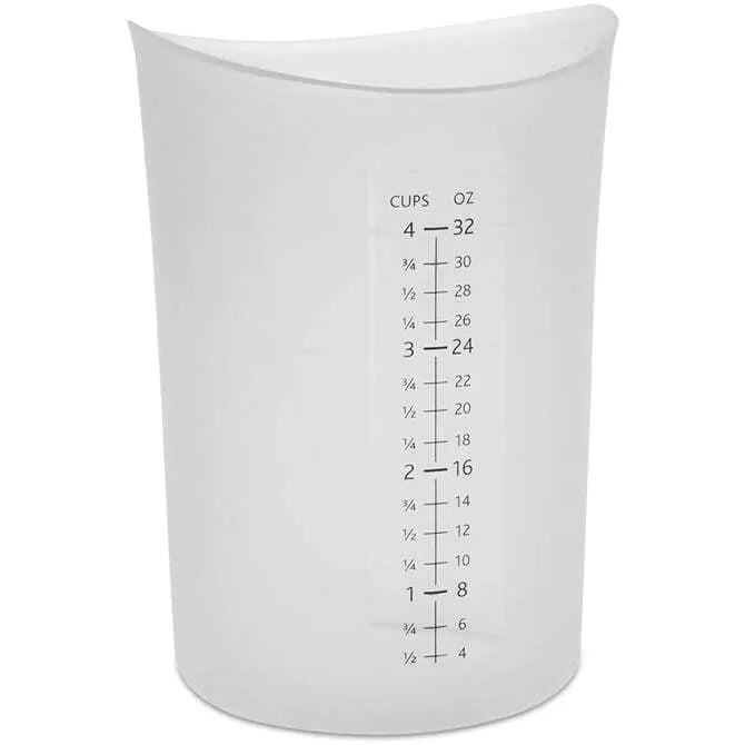 A white, silicone, flexible measuring cup with ounce and liter measurements, designed for precision pouring.