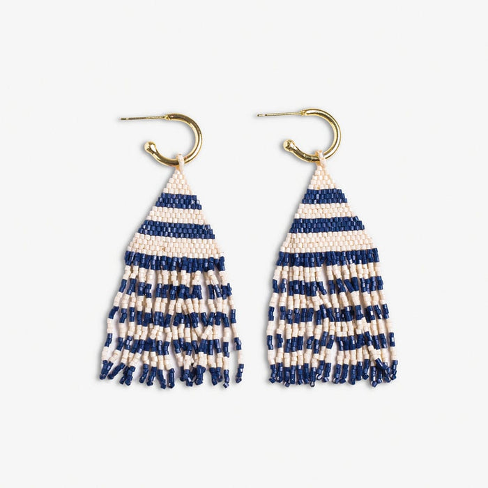 James Mini Gold Hoop Two Tone Stripes Beaded Fringe Earrings Navy