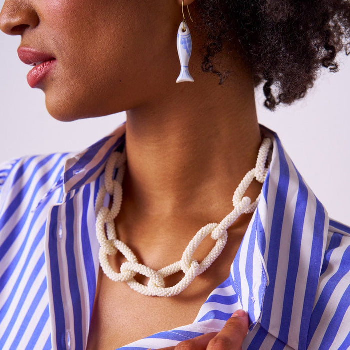 Jenna Chain Link Beaded Necklace Ivory Single Strand