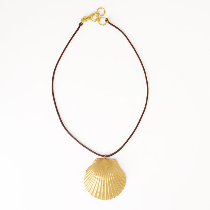 Joan Brass Shell Pendant Necklace On Leather Cord Pendant