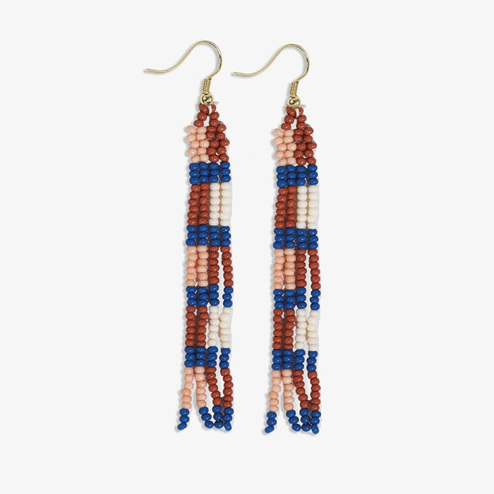 June Checks And Stripes Petite Beaded Fringe Earrings Rust + Lapis SHORT FRINGE