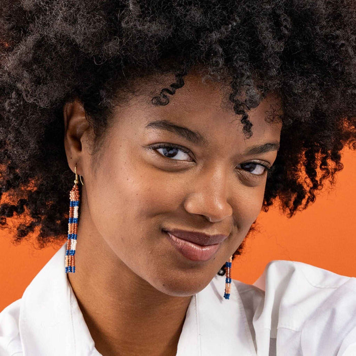 June Checks And Stripes Petite Beaded Fringe Earrings Rust + Lapis SHORT FRINGE