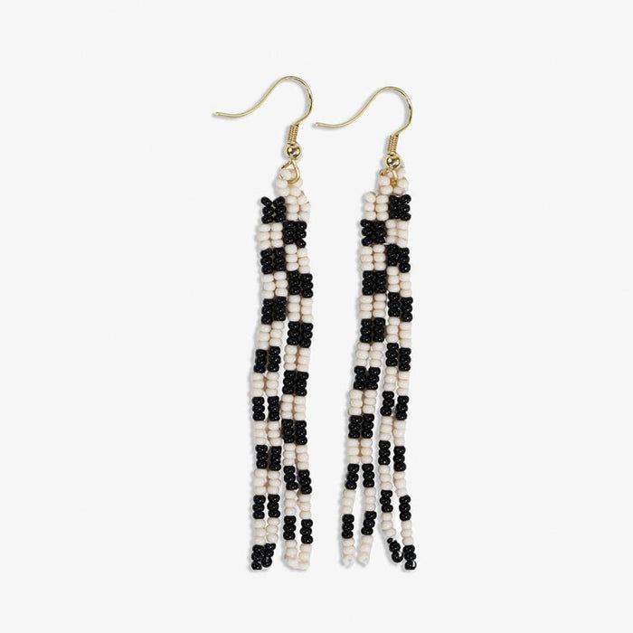 June Mini Checked Pattern Petite Beaded Fringe Earrings Black/White SHORT FRINGE