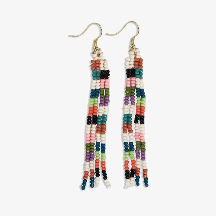 June Mini Checked Pattern Petite Beaded Fringe Earrings Multi-Check SHORT FRINGE
