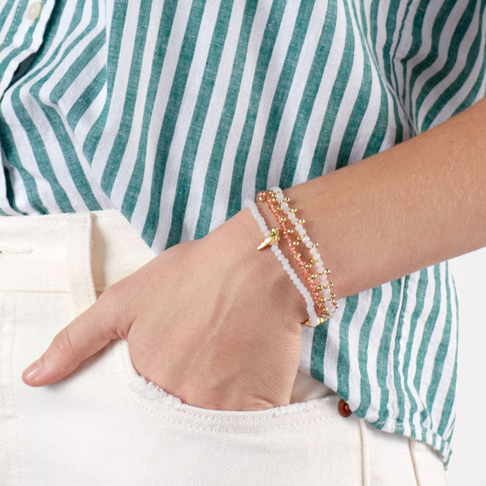 Kami Crystal With Brass Charm Stretch Bracelet White + Gold Stretch