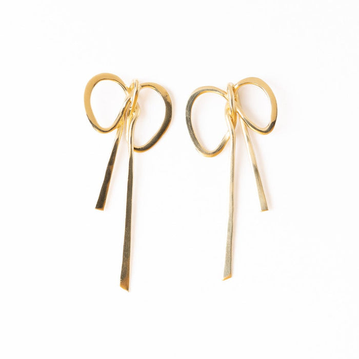 Katie Large Ribbon Bow Post Earrings Brass Drop