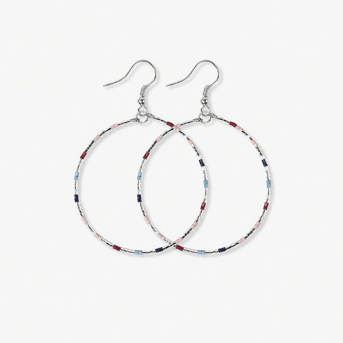 Kelly Checkered Beaded Hoop Earrings Navy + Silver FRONT HOOP