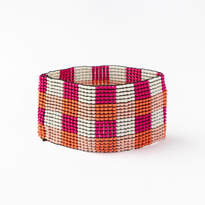 Kendall Gingham Beaded Stretch Bracelet Pink Stretch