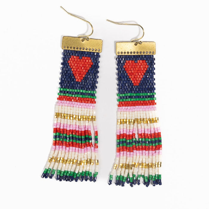 Lauren Stripe Heart Beaded Earrings Navy Red Fringe