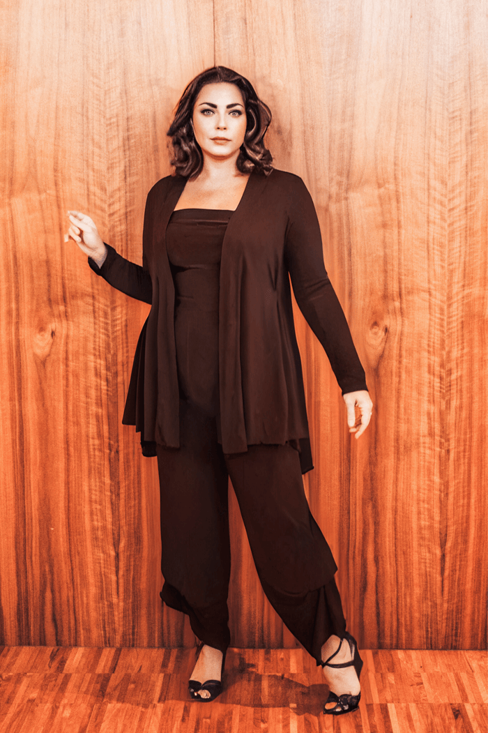 Travel Pants in Brown Brushed Venezia fabric by Diane Kroe with a travel-friendly design.