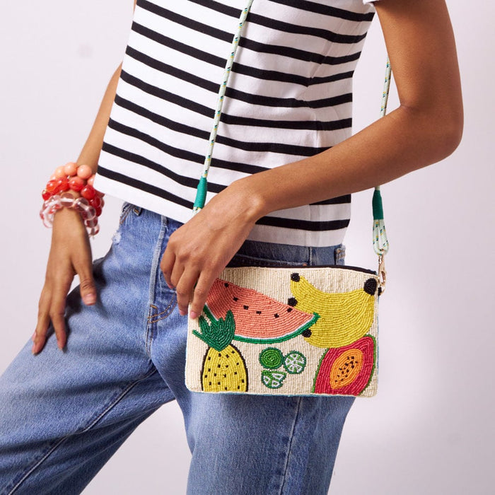 Leila Mixed Fruit Seed Bead Clutch With Strap Crossbody