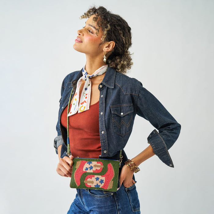 Leila Red Boots Seed Bead Clutch With Strap Bag