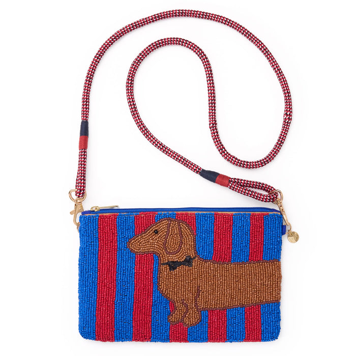 Leila Striped Dachshund Seed Bead Clutch With Strap Bag