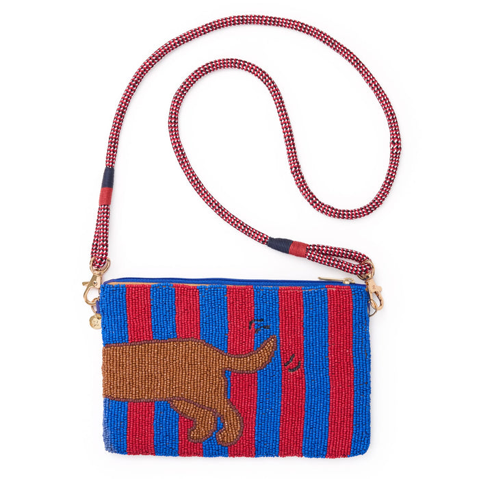 Leila Striped Dachshund Seed Bead Clutch With Strap Bag