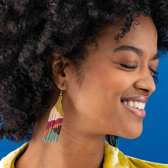 Lennon Angles Beaded Fringe Earrings Muted Rainbow Earrings