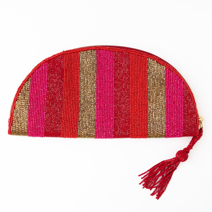 Leslie Vertical Stripes Beaded Half Circle Clutch Red, Pink, + Gold Clutch