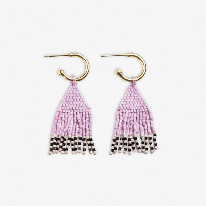 Leta Mini Gold Hoop Solid With Black/White Bottom Beaded Fringe Earrings Light Lavender