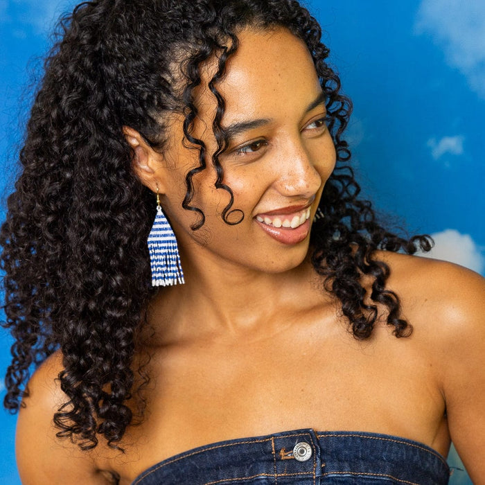 Lexie Game Day Horizontal Stripes Beaded Fringe Earrings Blue and White Fringe