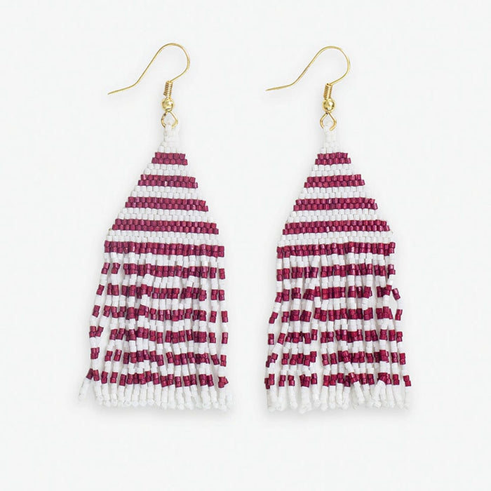 Lexie Game Day Horizontal Stripes Beaded Fringe Earrings Dark Red and White Fringe Earrings